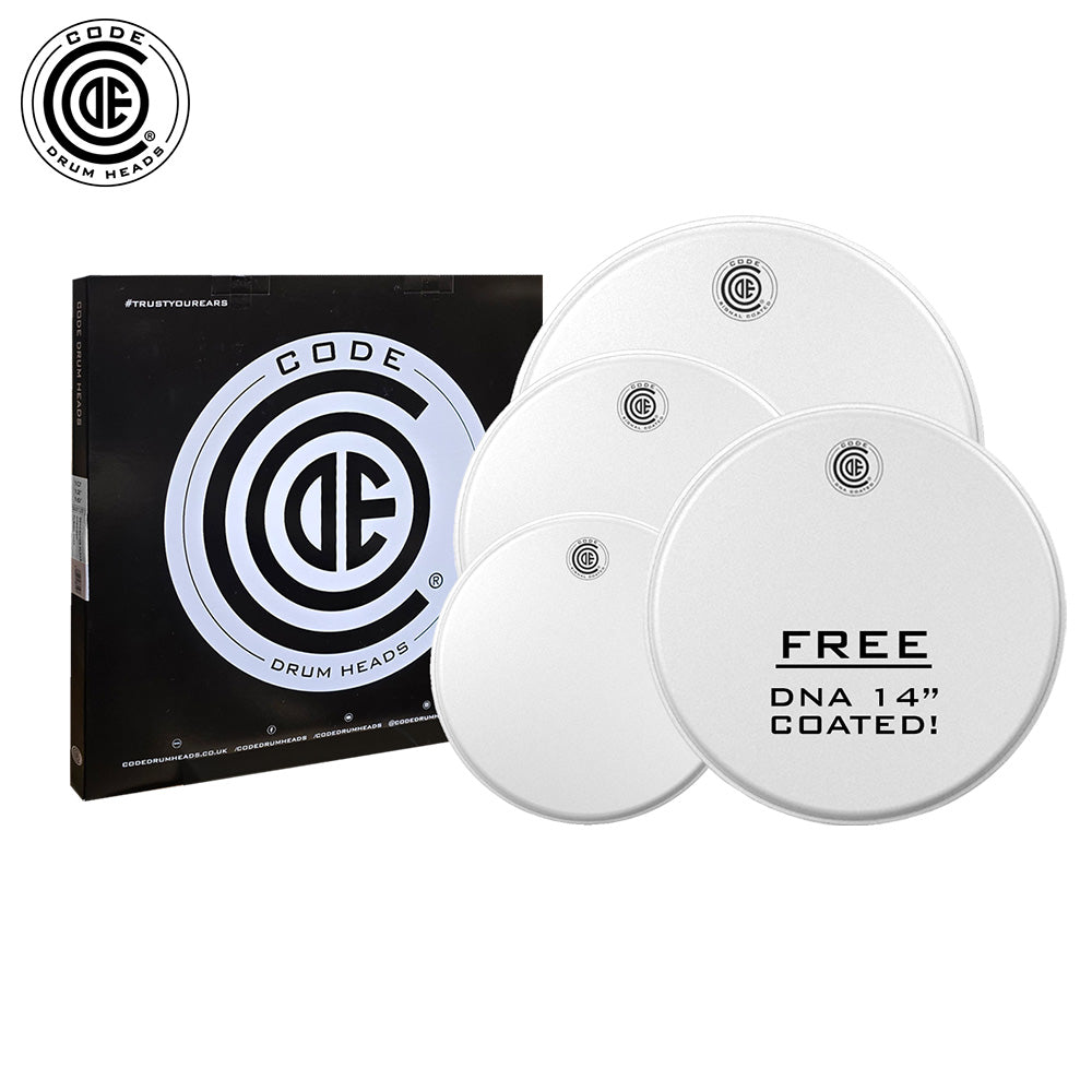 CODE DRUMHEADS DNA COATED AMERIAN FUSION PACK - 10/12/16 FREE 14" SNARE