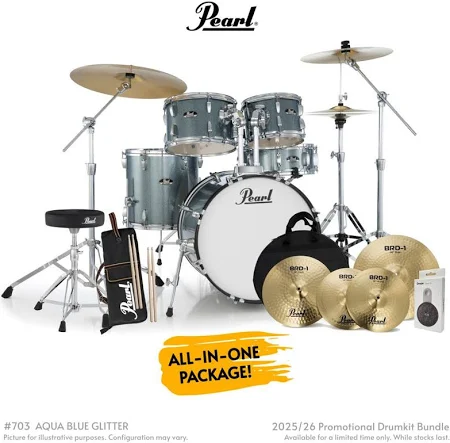 PEARL ROADSHOW PLUS 20" FUSION DRUM KIT PACKAGE W/PEARL CYMBAL PACK - AQUA BLUE GLITTER